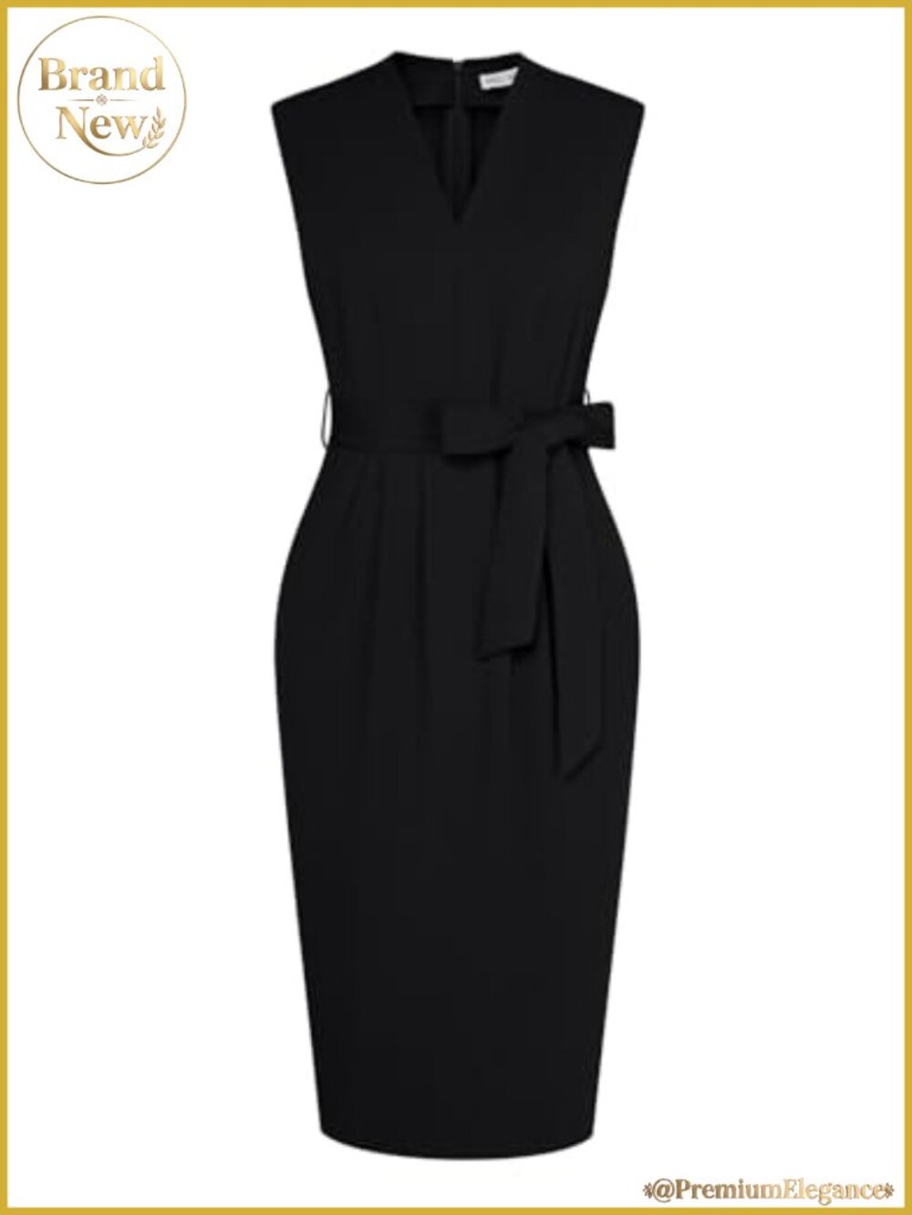 Sleeveless Bodycon Midi Work Dress with Pockets V-Neck Belted